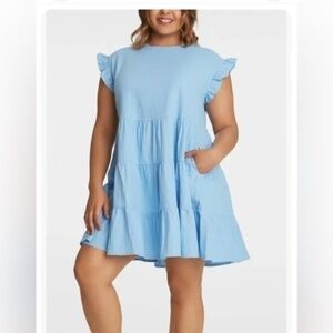 Adyson Parker Soft Sky Linen Blend Tiered Pockets Dress Blue Size Large